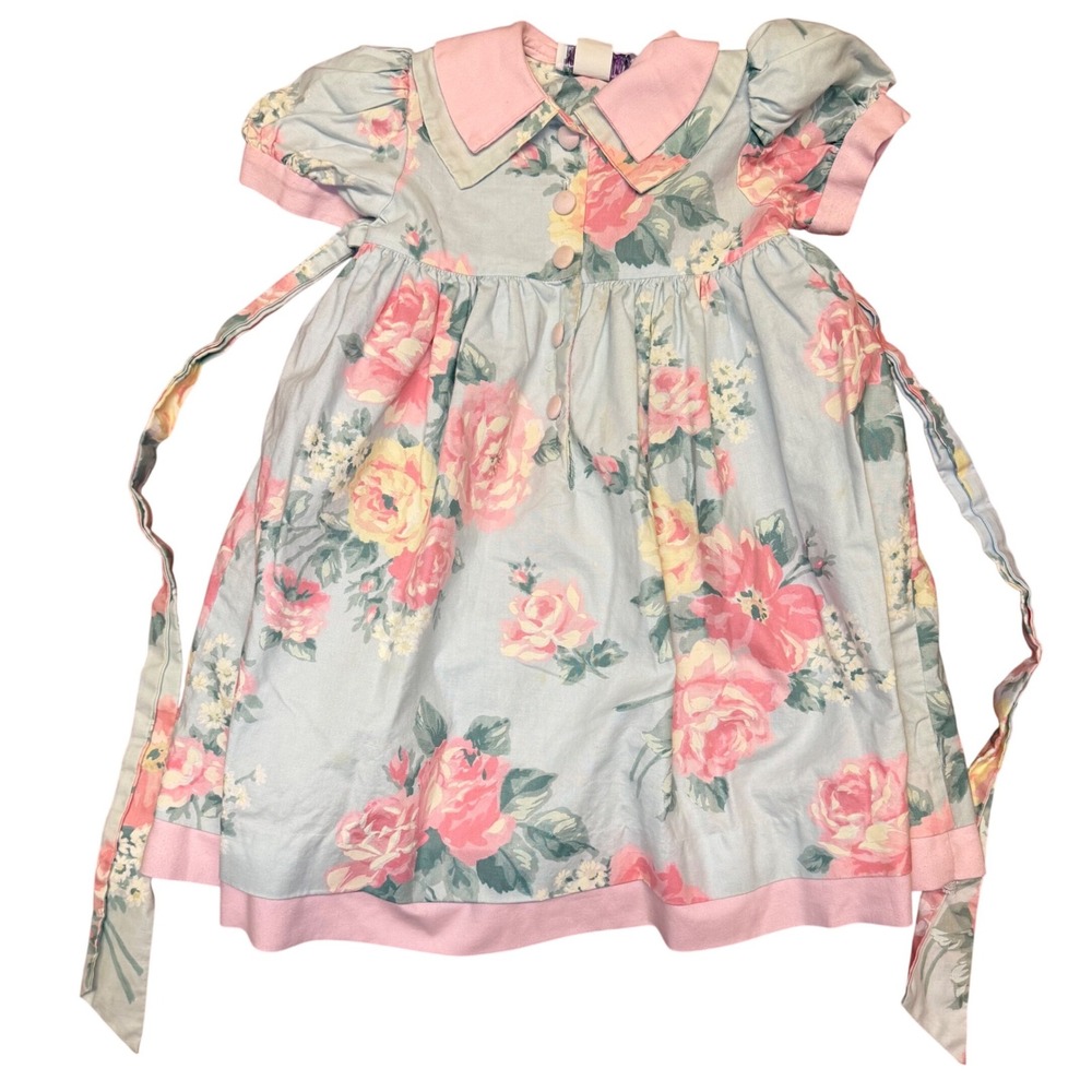 Vintage Simi Girls Floral Dress Cottagecore  Peter Pan Collar Lace Trim Size 4